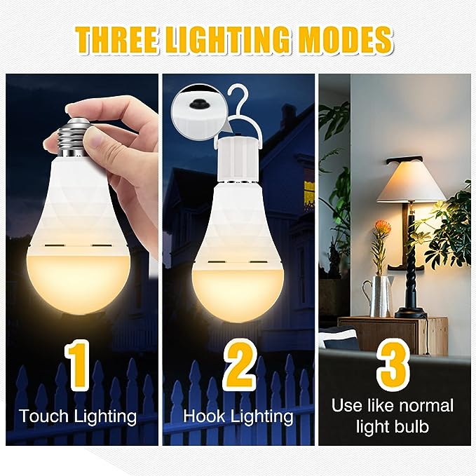 BoRccdit A19 Rechargeable Light Bulbs, 12W 60W Equivalent Rechargeable Emergency Light Bulbs, 1200mAh Battery Light Bulb for Power Failure,Warm White