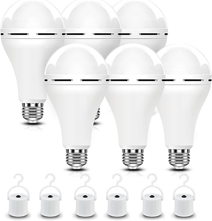 BoRccdit A21 6PK Emergency-Rechargeable-Light-Bulb, Keep Lighting During Power Outage, 12W 6500K LED 65W Equivalent Light Bulbs, 1200 mAh Battery Backup Light Bulbs for Home Power Failure