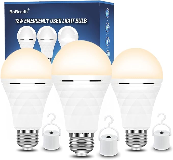 BoRccdit A19 Rechargeable Light Bulbs, 12W 60W Equivalent Rechargeable Emergency Light Bulbs, 1200mAh Battery Light Bulb for Power Failure，Warm White