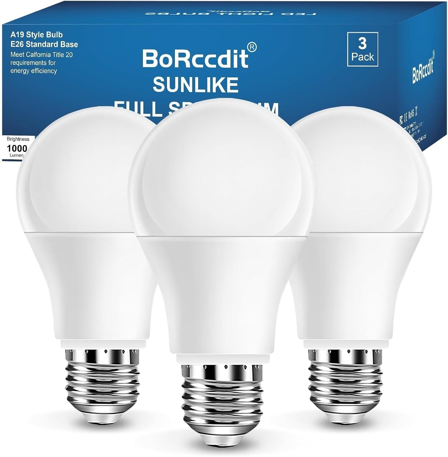 BoRccdit SunLike Full Spectrum Light Bulb 15W 1000lm Bright, Flicker-Free & UV-Free & Vivid 90+ CRI Comfort LED, A19 E26 Sunlight Light Bulbs for Humans, Home, Office (3-Pack Cool White)