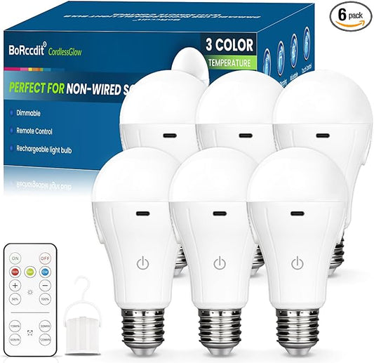 CordlessGlow 15W A19 Rechargeable Light Bulbs with Remote, 3 Color Temperatures + Dimmable Battery Operated Light Bulb, up to 24 Hours,6pk