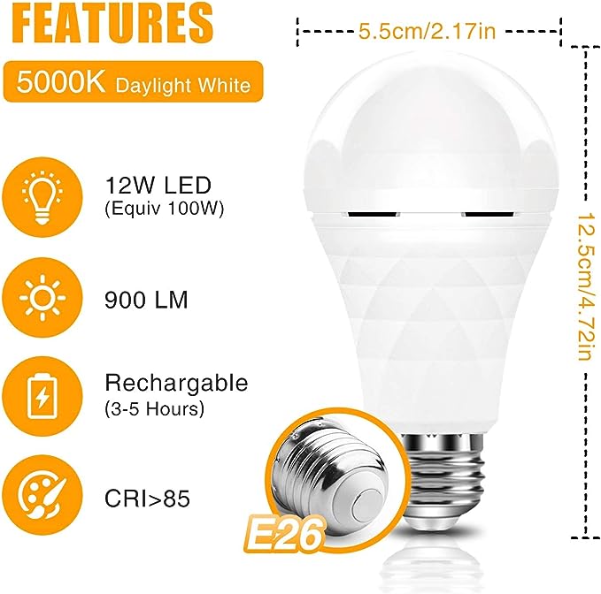 BoRccdit A19 Rechargeable Light Bulbs, Emergency Light Bulbs for Power Failure, LED Bulb 60 Watt Equivalent,12W 5000K Daylight 1200mAh Battery Backup Light Bulb E26/E27 with Hook for Daily and Emergency Use.