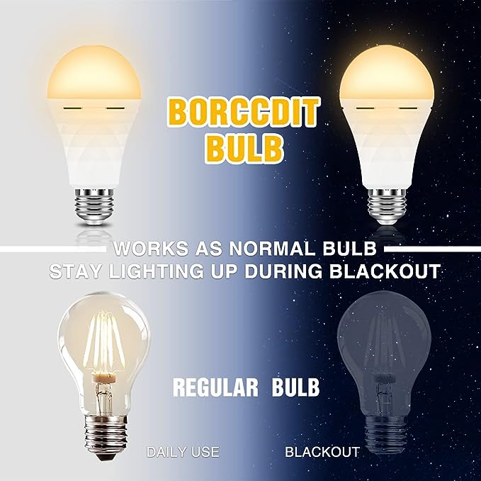 BoRccdit A19 Rechargeable Light Bulbs, 12W 60W Equivalent Rechargeable Emergency Light Bulbs, 1200mAh Battery Light Bulb for Power Failure，Warm White