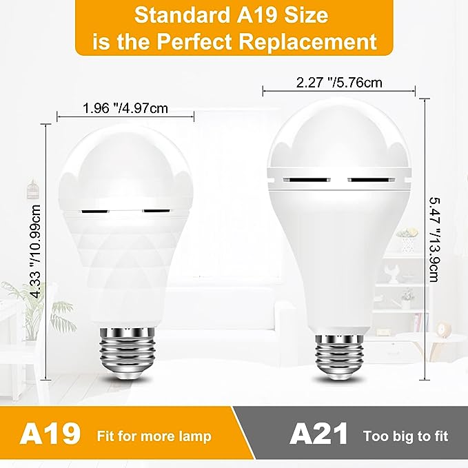 BoRccdit A19 Rechargeable Light Bulbs, Emergency Light Bulbs for Power Failure, LED Bulb 60 Watt Equivalent,12W 5000K Daylight 1200mAh Battery Backup Light Bulb E26/E27 with Hook for Daily and Emergency Use.