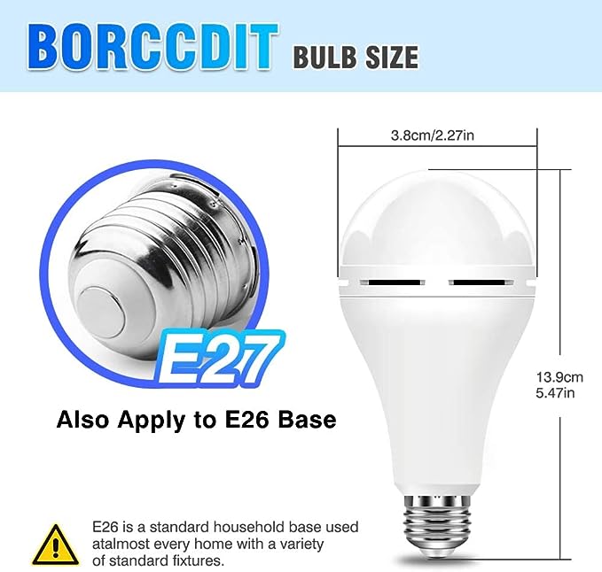 BoRccdit 10PK LED Light Bulb Emergency-Rechargeable-Light-Bulbs Keep Lighting During Power Outage 12W 6500K LED 65W Equivalent Light Bulbs 1200 mAh Battery Backup Light Bulbs for Home Power Failure