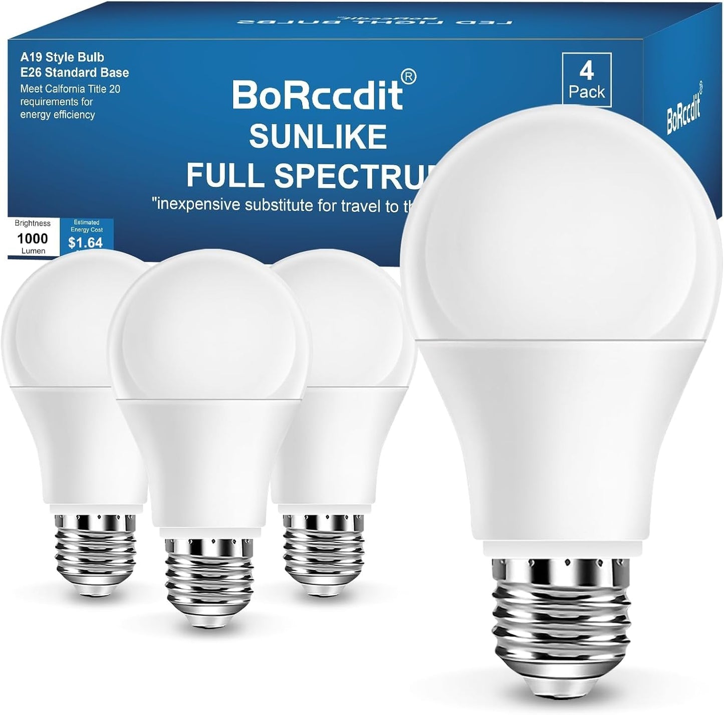 BoRccdit SunLike Full Spectrum Light Bulb 15W 1000lm Bright, Flicker-Free & UV-Free & Vivid 90+ CRI Comfort LED, A19 E26 Sunlight Light Bulbs for Humans, Home, Office (4-Pack Cool White)