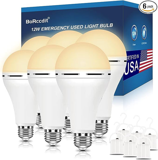 BoRccdit A21 6PK Emergency-Rechargeable-Light-Bulb, Keep Lighting During Power Outage, 12W 3000K LED 65W Equivalent Light Bulbs, 1200 mAh Battery Operated Light Bulbs for Home Power Failure