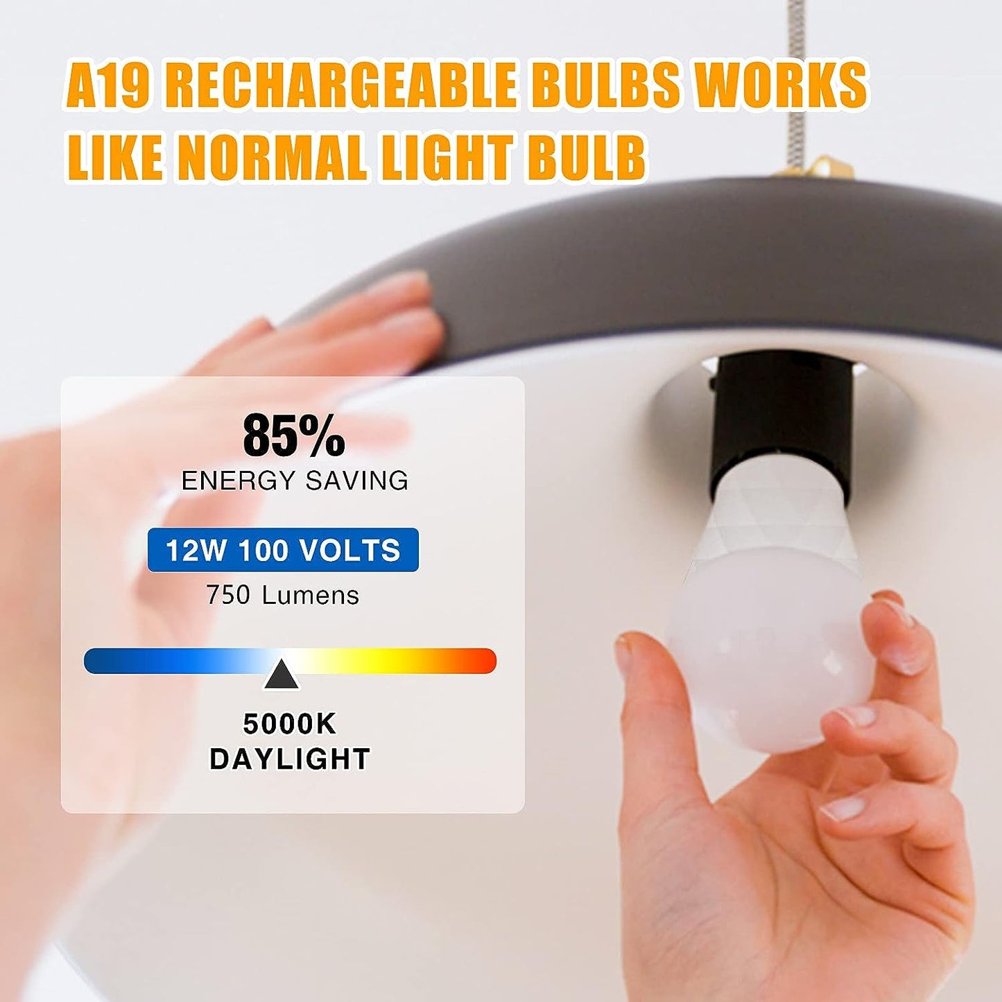 BoRccdit A19 Rechargeable Light Bulbs, 12W Emergency Light Bulbs for Power Failure, 1200mAh Battery Light Bulb, E26/E27 5000K Daylight LED Light Bulb for Home Daily and Emergency Use