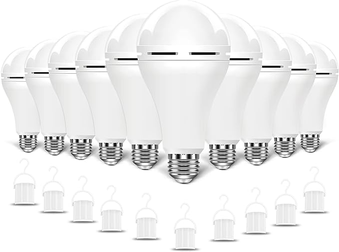 BoRccdit 10PK LED Light Bulb Emergency-Rechargeable-Light-Bulbs Keep Lighting During Power Outage 12W 6500K LED 65W Equivalent Light Bulbs 1200 mAh Battery Backup Light Bulbs for Home Power Failure