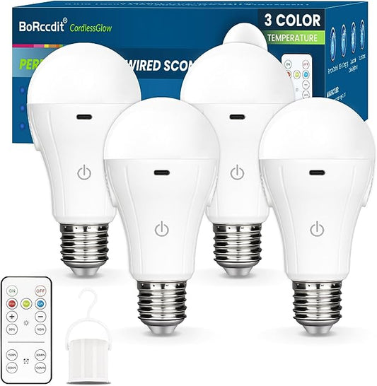 BoRccdit CordlessGlow 15W A19 Rechargable Light Bulbs with Remote, 3 Color Temperatures + Dimmable Battery Powered Light Bulbs,up to 24 Hours