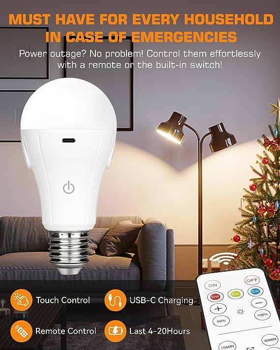 CordlessGlow 15W A19 Rechargeable Light Bulbs with Remote, 3 Color Temperatures + Dimmable Battery Powered Light Bulbs,up to 24 Hours