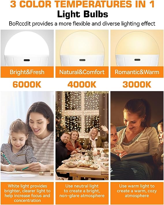 BoRccdit CordlessGlow 15W A19 Rechargable Light Bulbs with Remote, 3 Color Temperatures + Dimmable Battery Powered Light Bulbs,up to 24 Hours